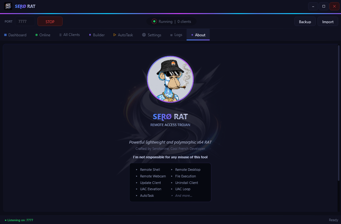 SeroRAT dashboard — client list with online clients